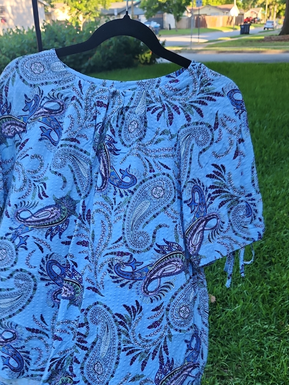 LOFT Light Blue Paisley Tie-Sleeve Blouse